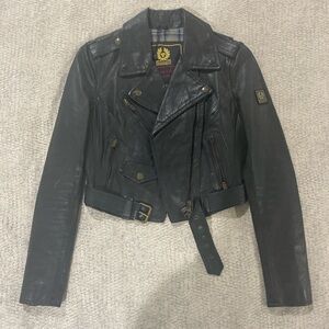Cropped vintage leather biker jacket gold hardware usable pockets plaid lining